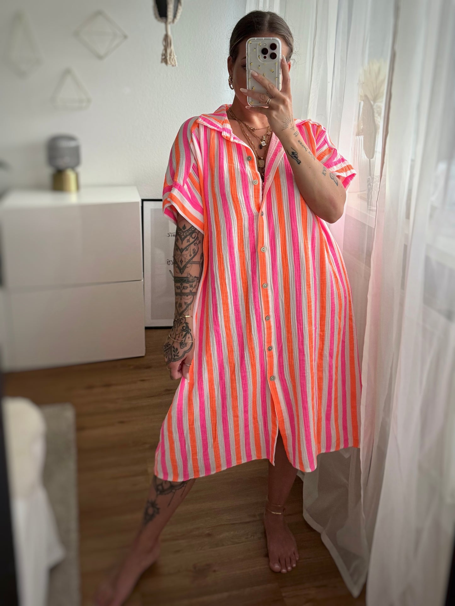 Musselin Kleid Midi Neon Stripes