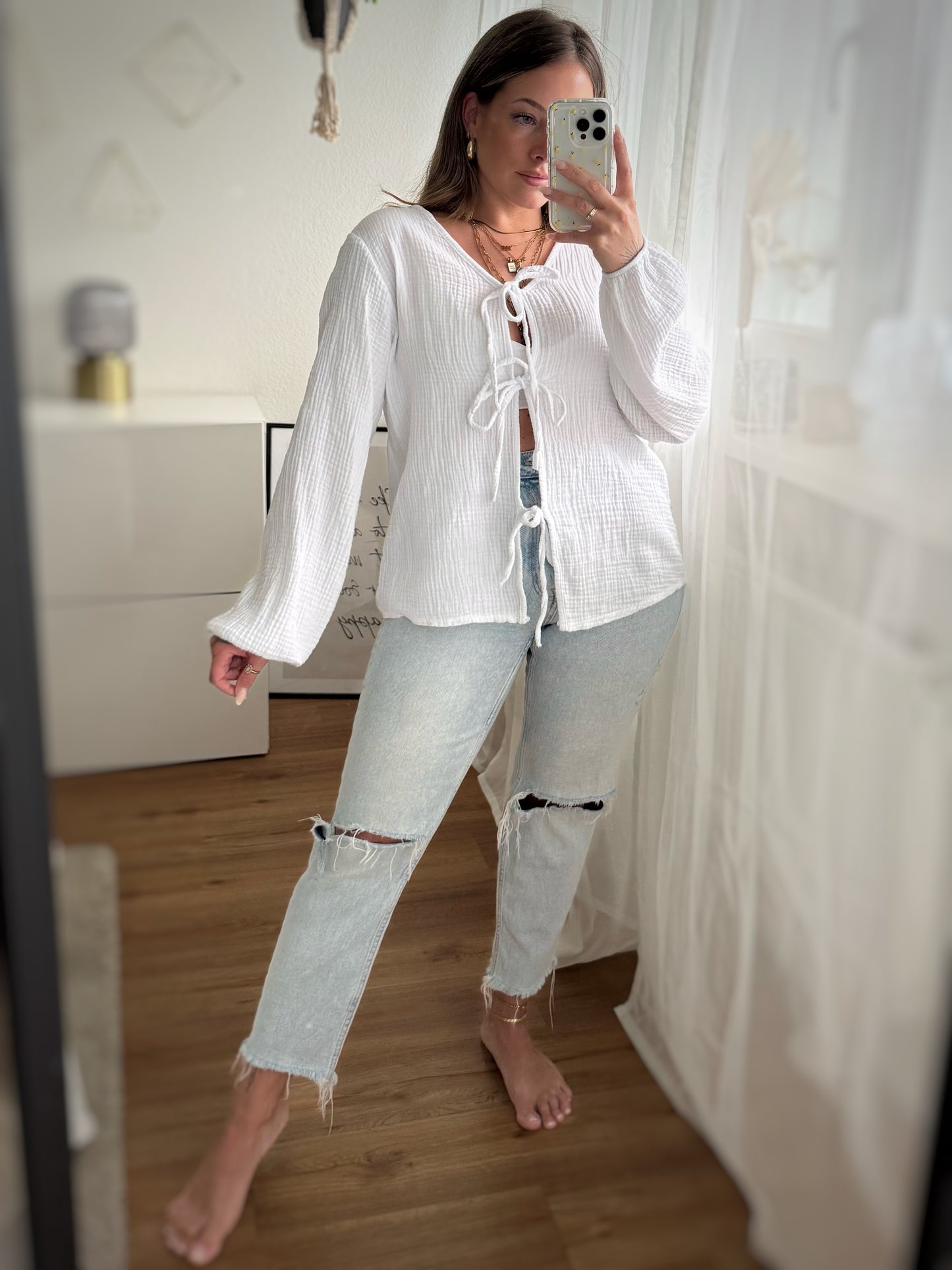 Musselin Bluse Weiß zum Binden