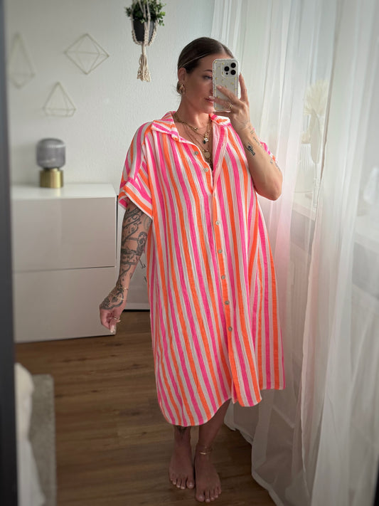 Musselin Kleid Midi Neon Stripes