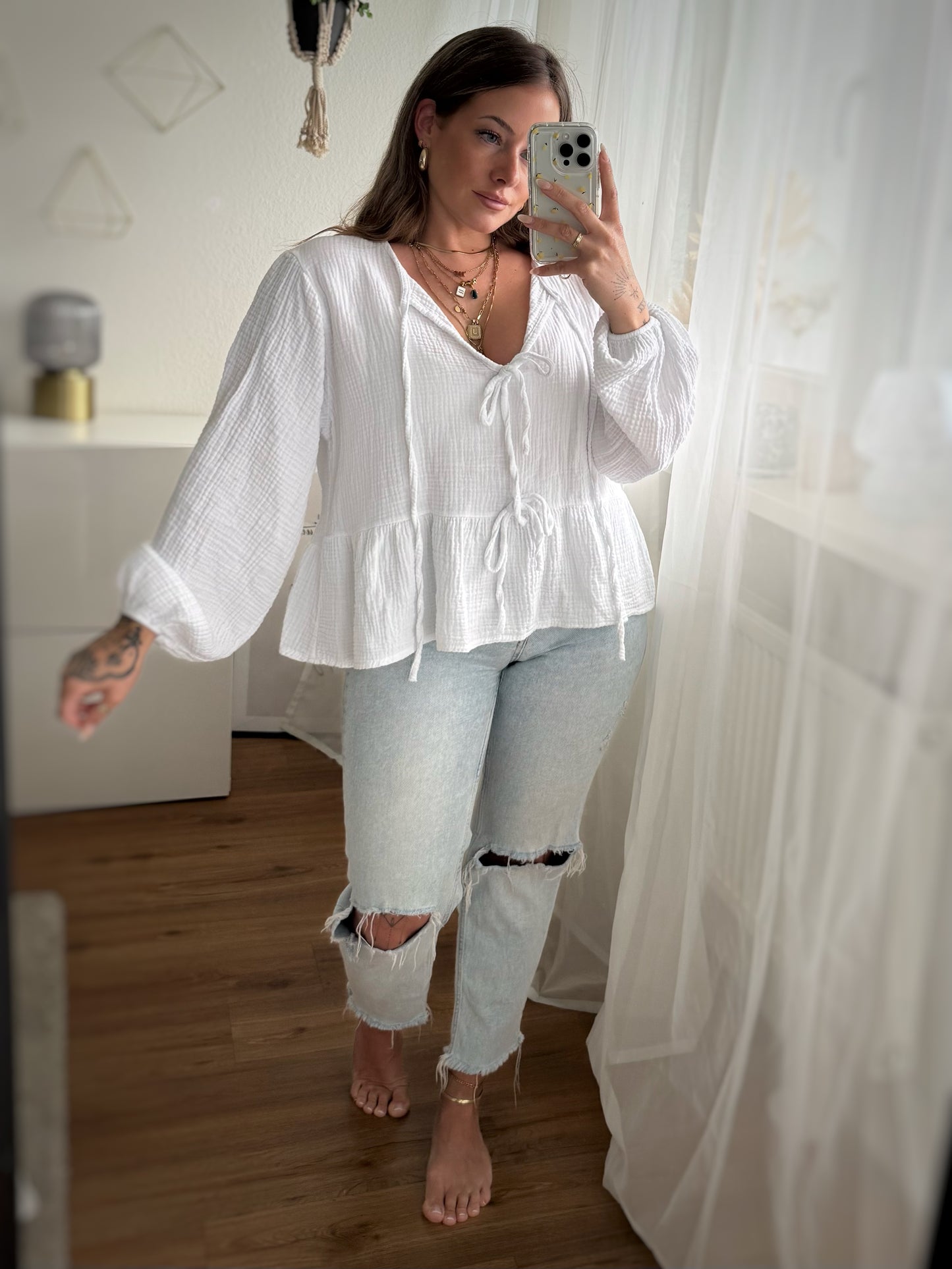 Musselin Bluse Weiß mit Schleifen