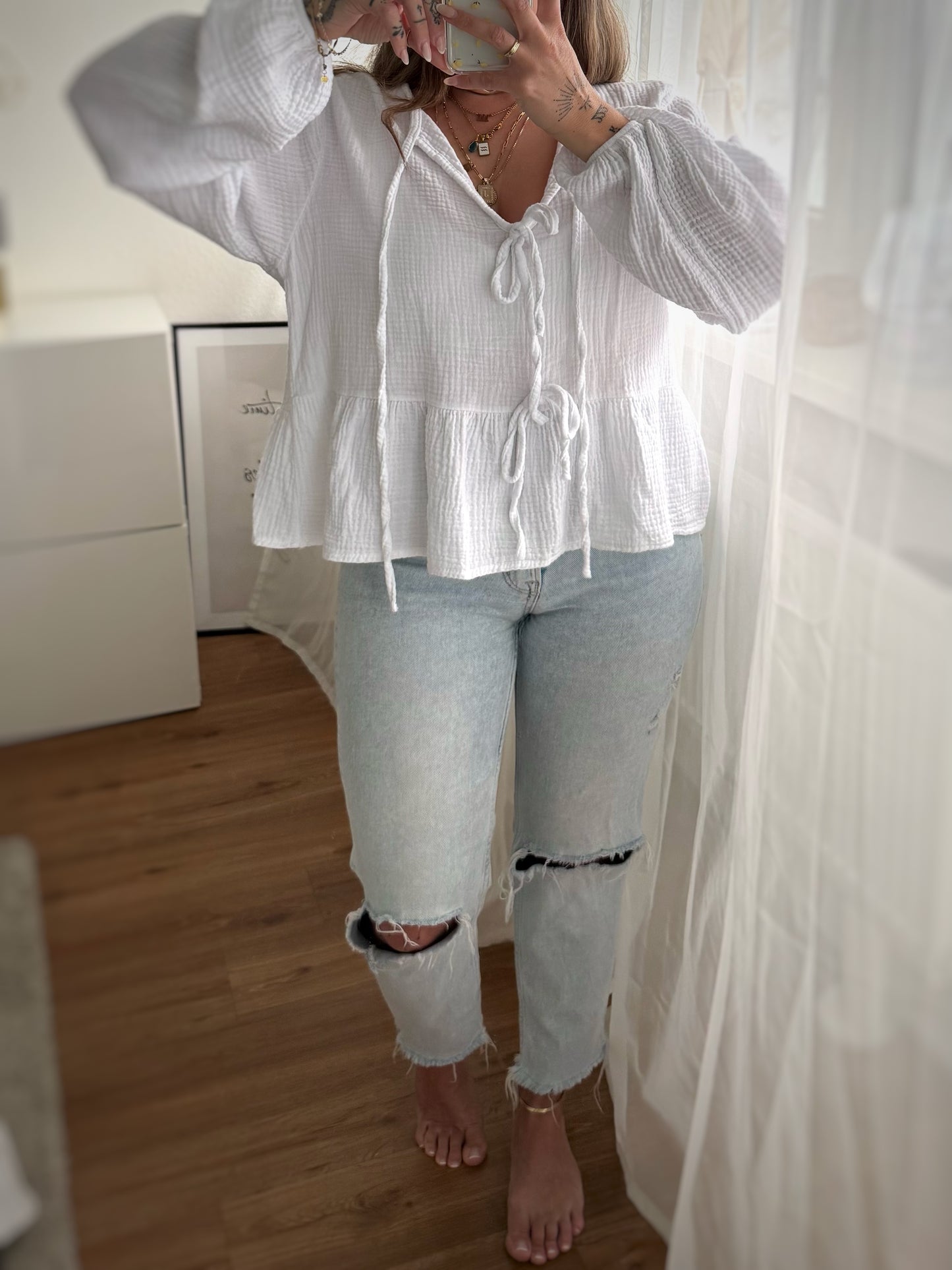 Musselin Bluse Weiß mit Schleifen