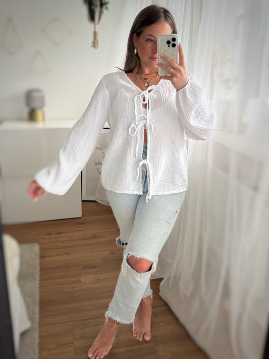 Musselin Bluse Weiß zum Binden